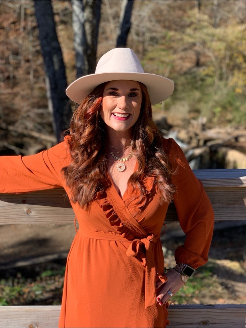 Women’s Wrap Maxi Dress in Rust Orange with Ruffle V-Neck